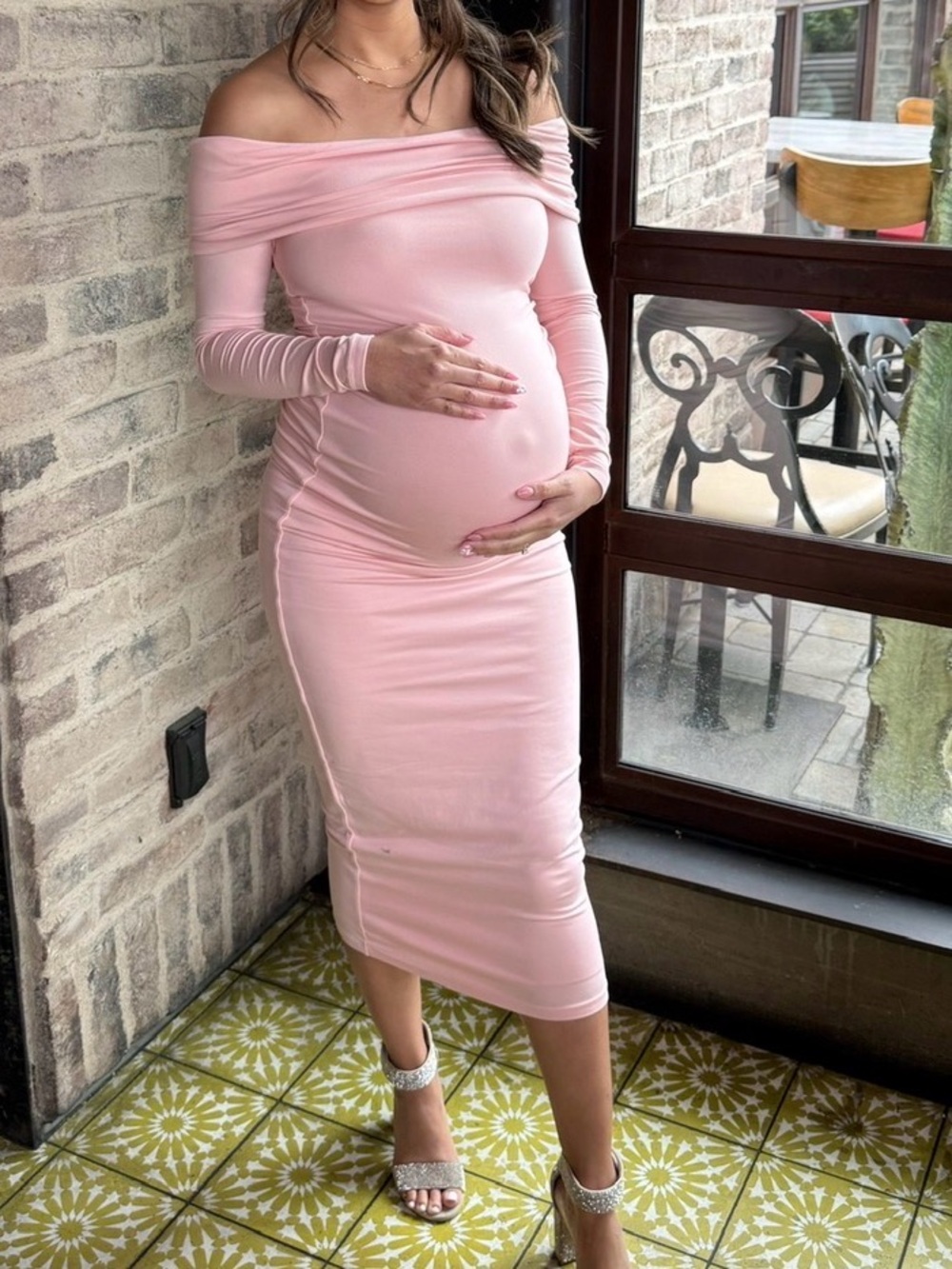 Off-the-Shoulder Long Sleeve Maternity Dress in Pink